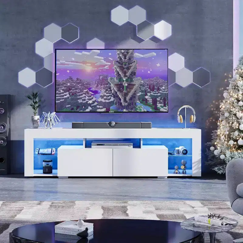 Meuble TV pour téléviseurs de 55 à 70 pouces, centre de divertissement moderne avec lumières LED, 2 tiroirs et étagères ouvertes, noir