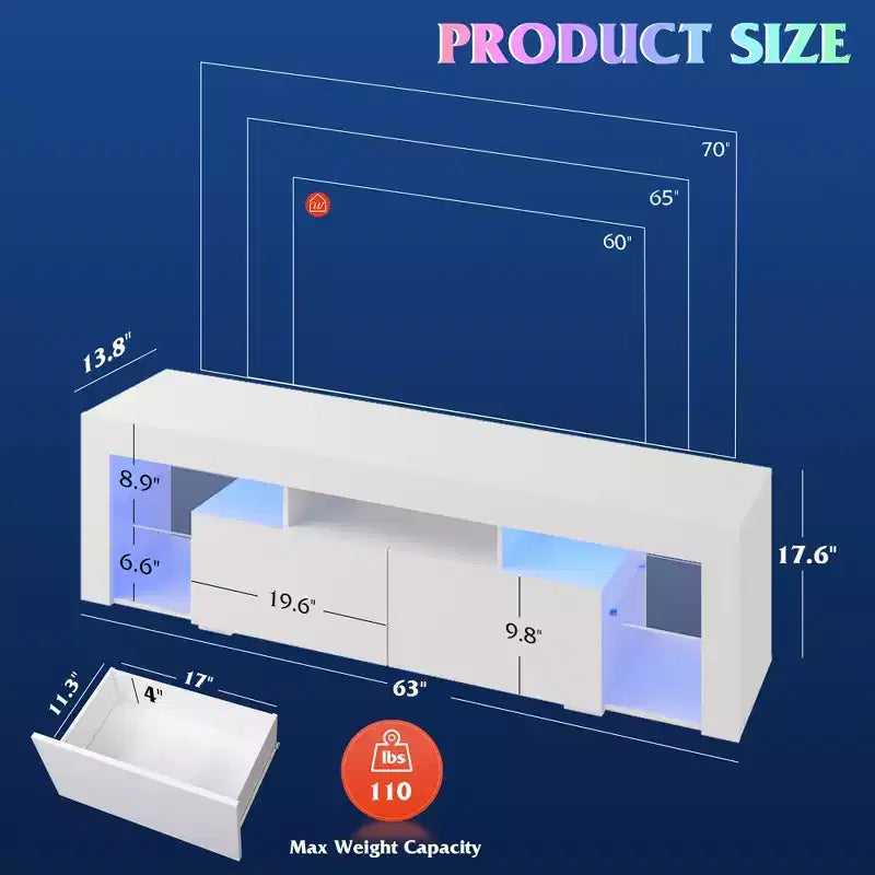 Meuble TV pour téléviseurs de 55 à 70 pouces, centre de divertissement moderne avec lumières LED, 2 tiroirs et étagères ouvertes, noir