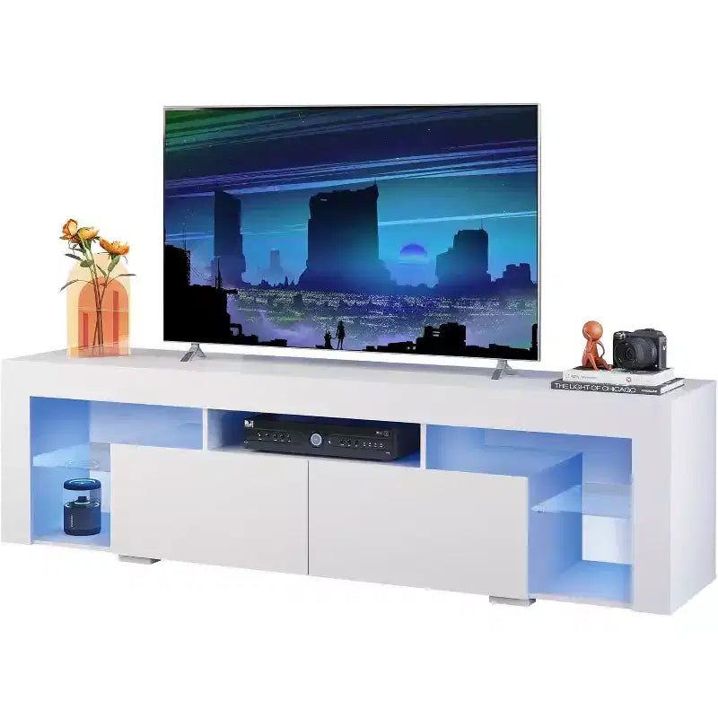Meuble TV pour téléviseurs de 55 à 70 pouces, centre de divertissement moderne avec lumières LED, 2 tiroirs et étagères ouvertes, noir