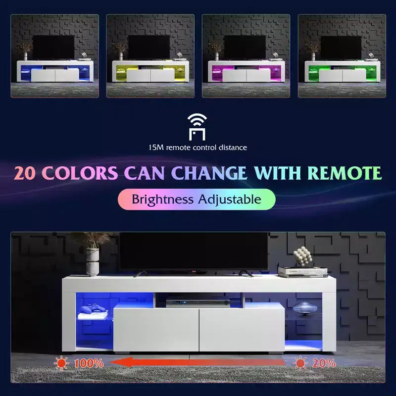 Meuble TV pour téléviseurs de 55 à 70 pouces, centre de divertissement moderne avec lumières LED, 2 tiroirs et étagères ouvertes, noir