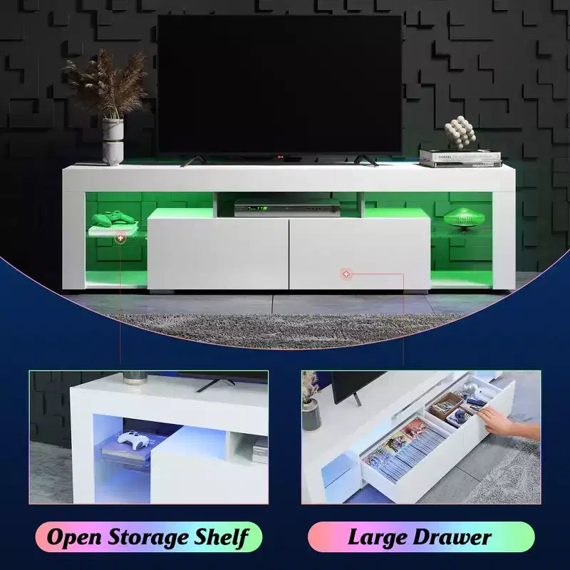Meuble TV pour téléviseurs de 55 à 70 pouces, centre de divertissement moderne avec lumières LED, 2 tiroirs et étagères ouvertes, noir