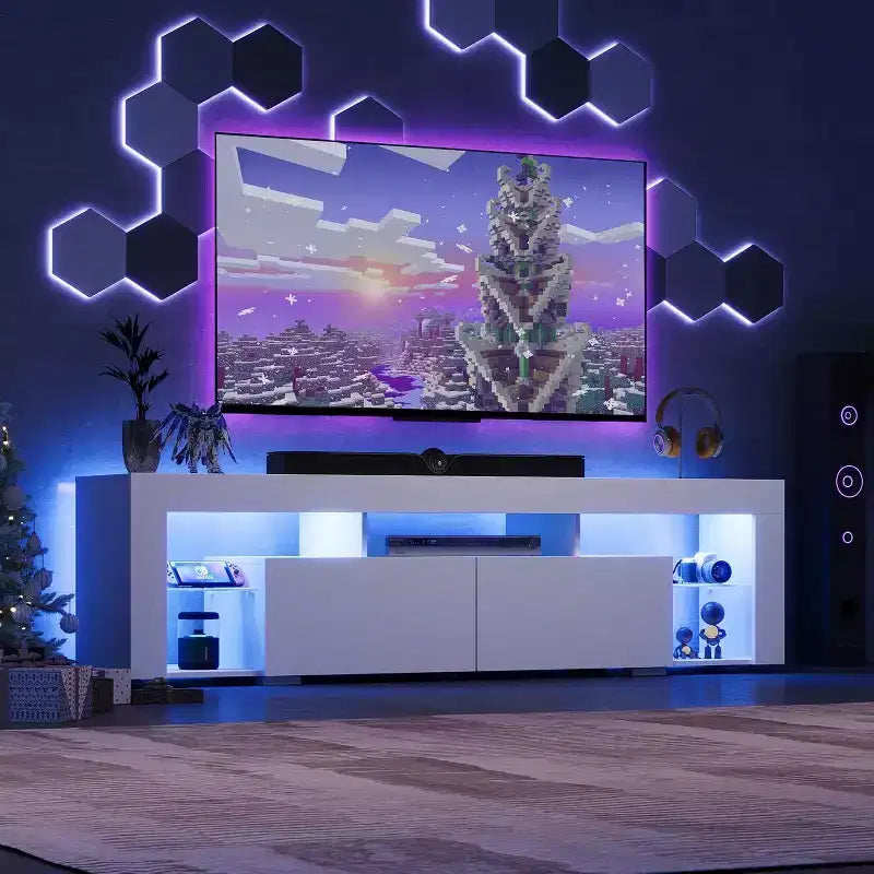 Meuble TV pour téléviseurs de 55 à 70 pouces, centre de divertissement moderne avec lumières LED, 2 tiroirs et étagères ouvertes, noir