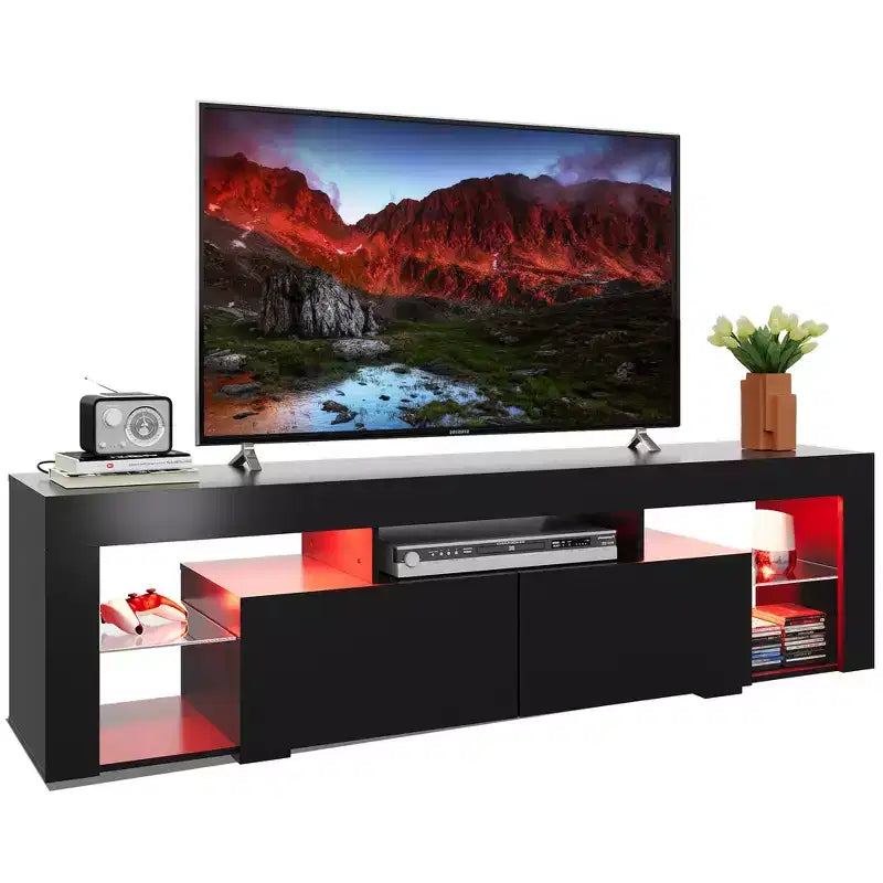 Meuble TV pour téléviseurs de 55 à 70 pouces, centre de divertissement moderne avec lumières LED, 2 tiroirs et étagères ouvertes, noir
