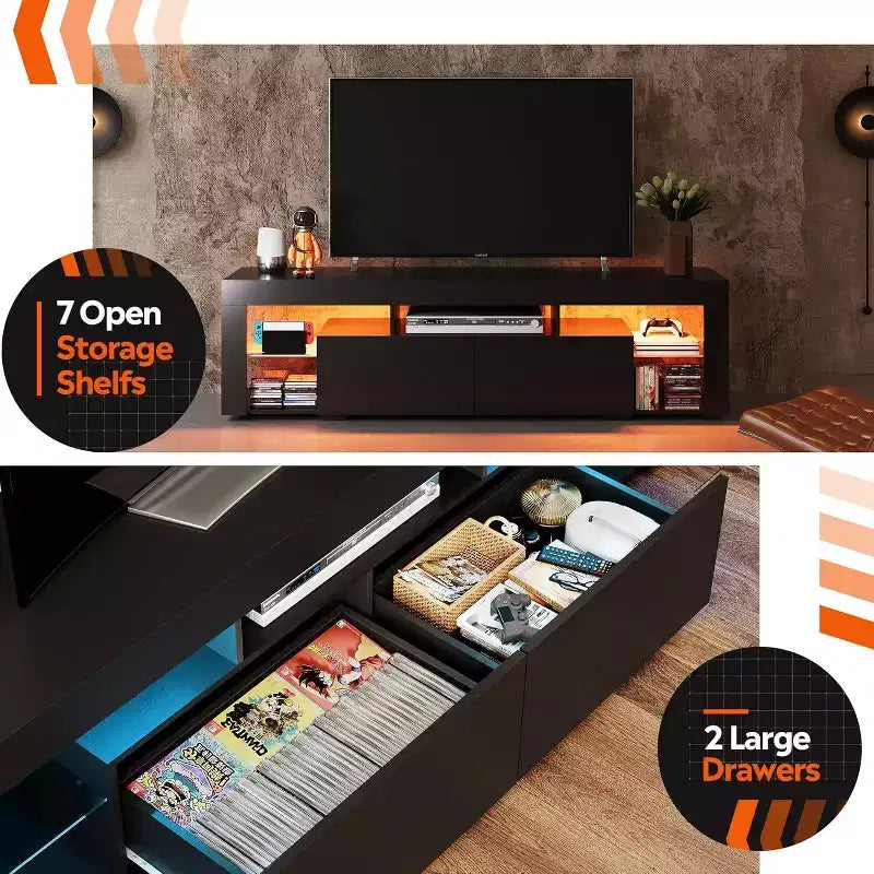 Meuble TV pour téléviseurs de 55 à 70 pouces, centre de divertissement moderne avec lumières LED, 2 tiroirs et étagères ouvertes, noir