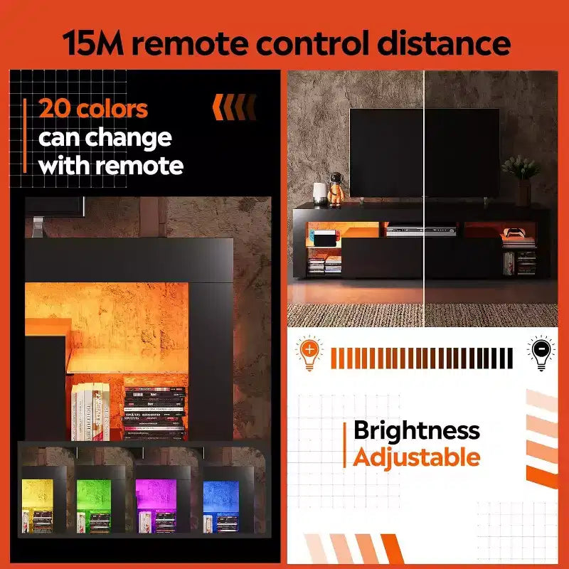 Meuble TV pour téléviseurs de 55 à 70 pouces, centre de divertissement moderne avec lumières LED, 2 tiroirs et étagères ouvertes, noir