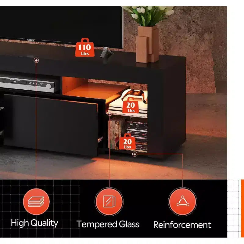 Meuble TV pour téléviseurs de 55 à 70 pouces, centre de divertissement moderne avec lumières LED, 2 tiroirs et étagères ouvertes, noir