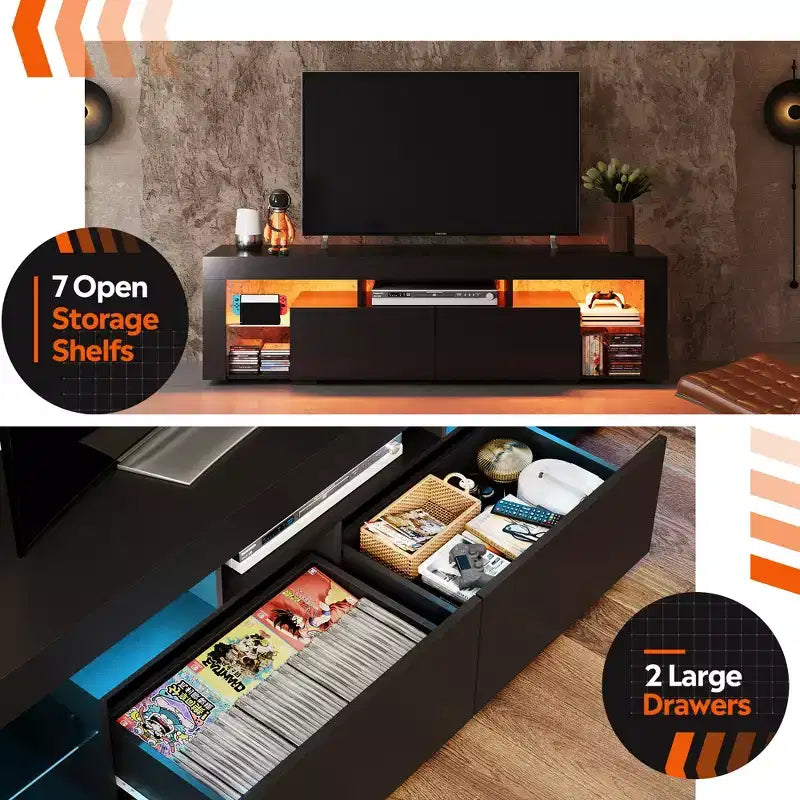 Meuble TV pour téléviseurs de 55 à 70 pouces, centre de divertissement moderne avec lumières LED, 2 tiroirs et étagères ouvertes, noir