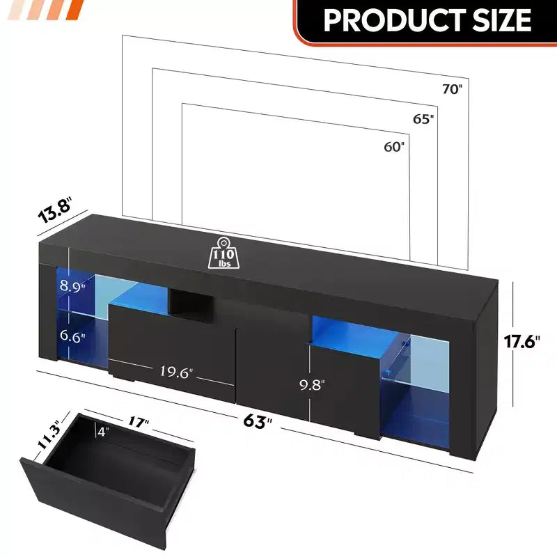 Meuble TV pour téléviseurs de 55 à 70 pouces, centre de divertissement moderne avec lumières LED, 2 tiroirs et étagères ouvertes, noir