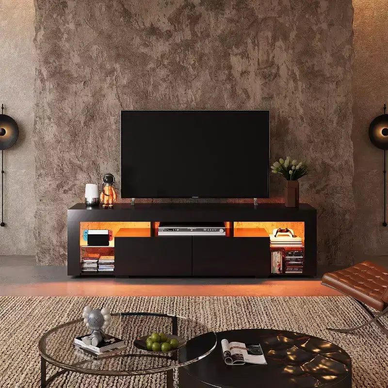 Meuble TV pour téléviseurs de 55 à 70 pouces, centre de divertissement moderne avec lumières LED, 2 tiroirs et étagères ouvertes, noir