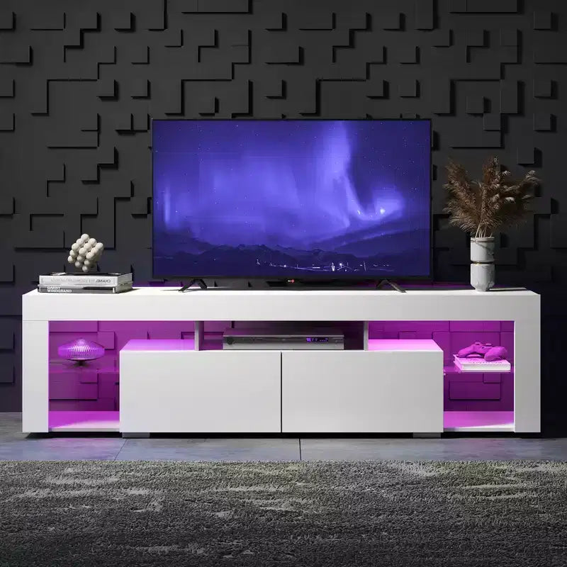 Meuble TV pour téléviseurs de 55 à 70 pouces, centre de divertissement moderne avec lumières LED, 2 tiroirs et étagères ouvertes, noir