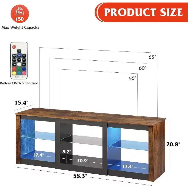 Meuble TV blanc avec lumières LED pour téléviseurs jusqu'à 65 pouces, meuble de divertissement avec étagères en verre