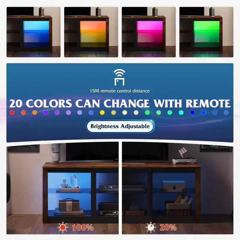 Meuble TV blanc avec lumières LED pour téléviseurs jusqu'à 65 pouces, meuble de divertissement avec étagères en verre