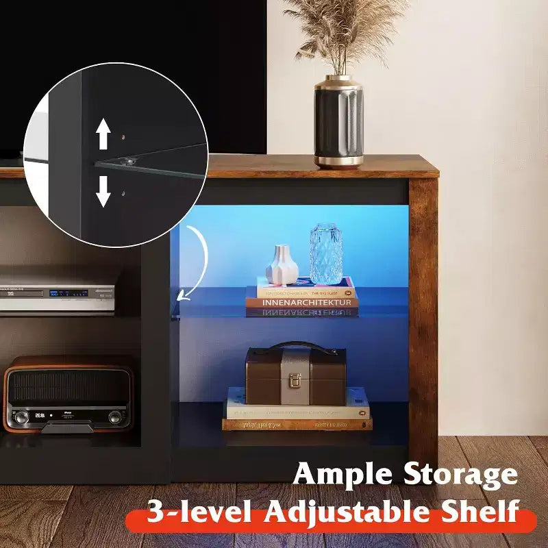 Meuble TV blanc avec lumières LED pour téléviseurs jusqu'à 65 pouces, meuble de divertissement avec étagères en verre