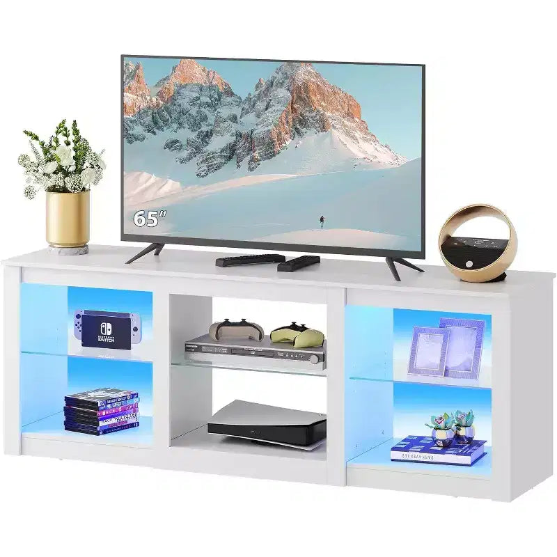 Meuble TV blanc avec lumières LED pour téléviseurs jusqu'à 65 pouces, meuble de divertissement avec étagères en verre