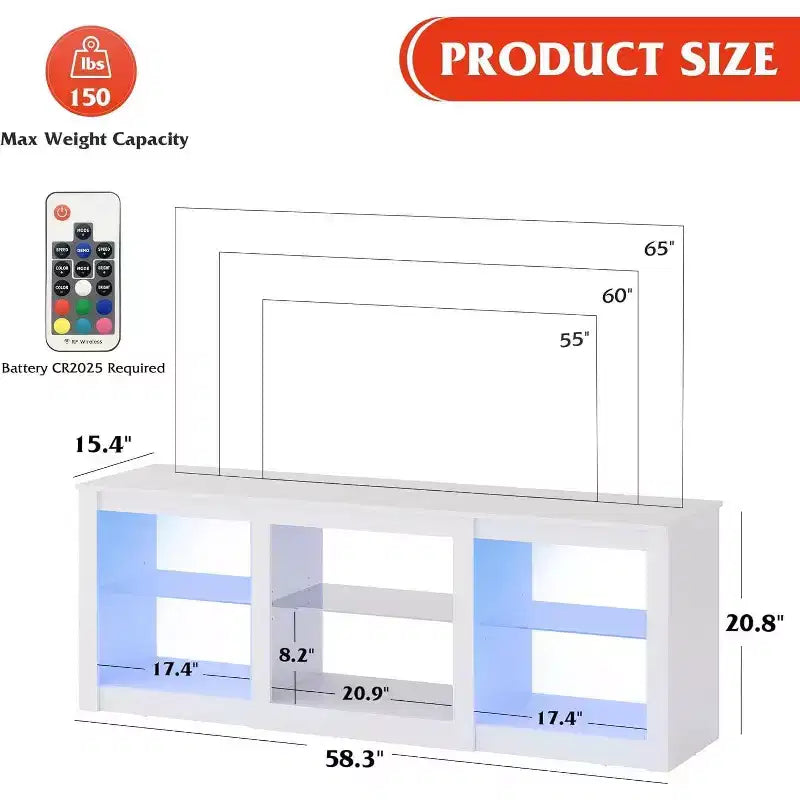 Meuble TV blanc avec lumières LED pour téléviseurs jusqu'à 65 pouces, meuble de divertissement avec étagères en verre