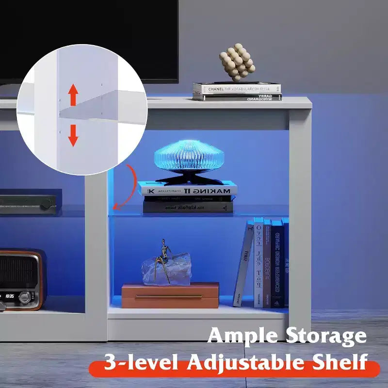Meuble TV blanc avec lumières LED pour téléviseurs jusqu'à 65 pouces, meuble de divertissement avec étagères en verre