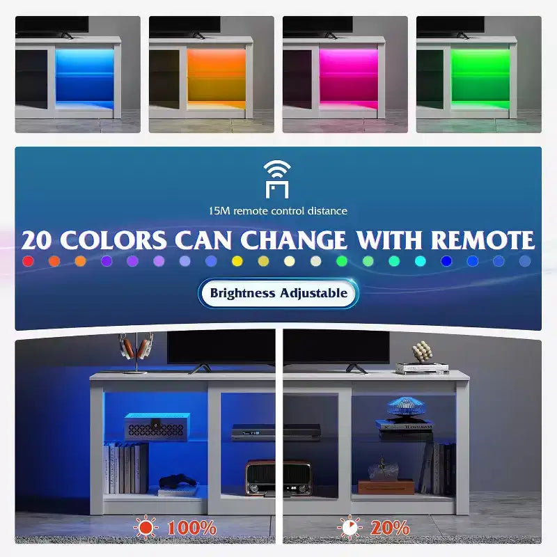 Meuble TV blanc avec lumières LED pour téléviseurs jusqu'à 65 pouces, meuble de divertissement avec étagères en verre