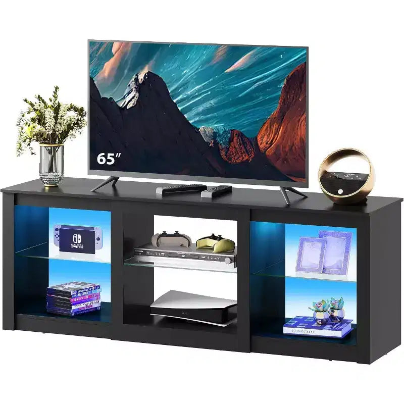Meuble TV blanc avec lumières LED pour téléviseurs jusqu'à 65 pouces, meuble de divertissement avec étagères en verre
