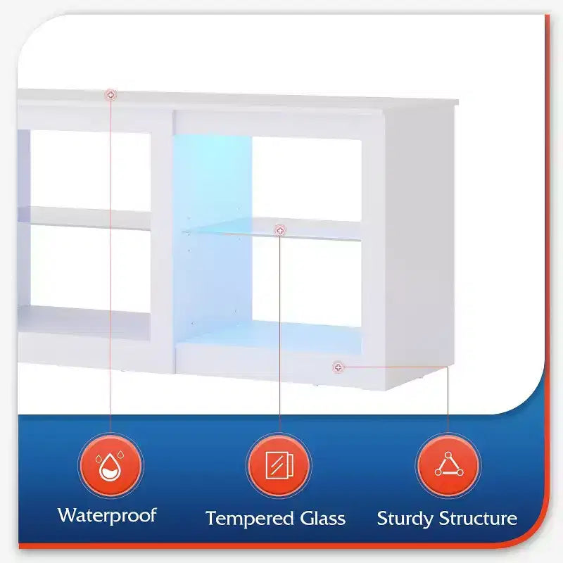 Meuble TV blanc avec lumières LED pour téléviseurs jusqu'à 65 pouces, meuble de divertissement avec étagères en verre