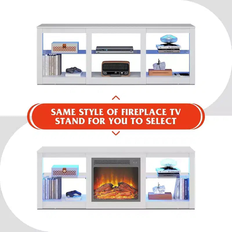 Meuble TV blanc avec lumières LED pour téléviseurs jusqu'à 65 pouces, meuble de divertissement avec étagères en verre