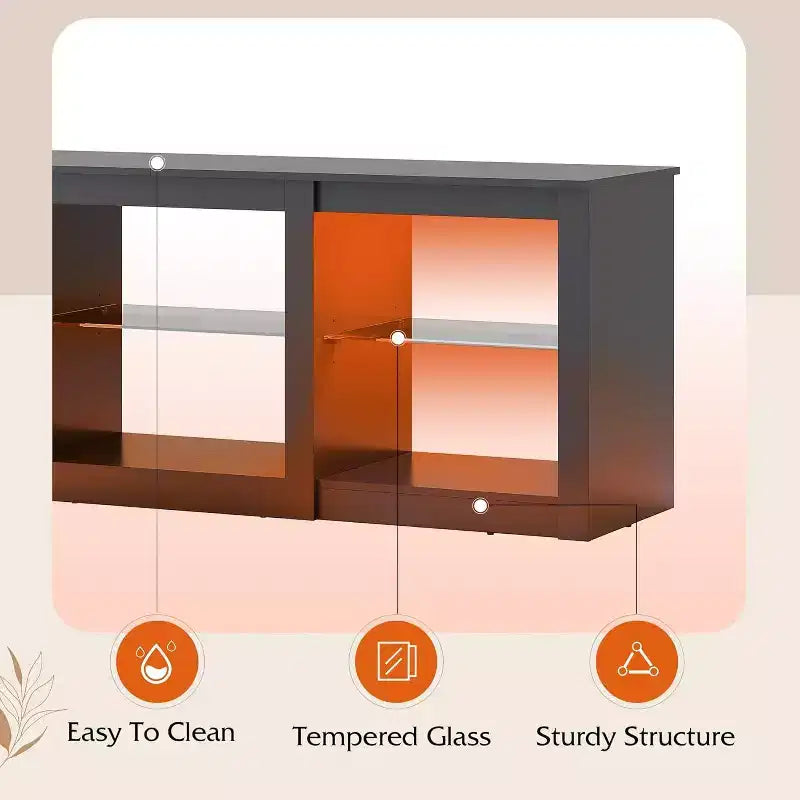 Meuble TV blanc avec lumières LED pour téléviseurs jusqu'à 65 pouces, meuble de divertissement avec étagères en verre