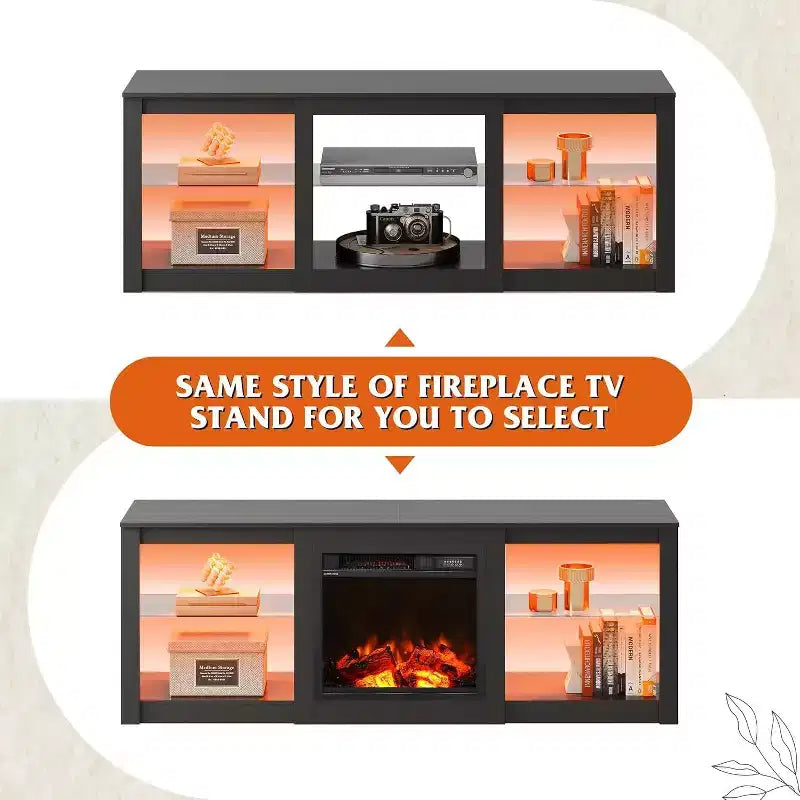 Meuble TV blanc avec lumières LED pour téléviseurs jusqu'à 65 pouces, meuble de divertissement avec étagères en verre