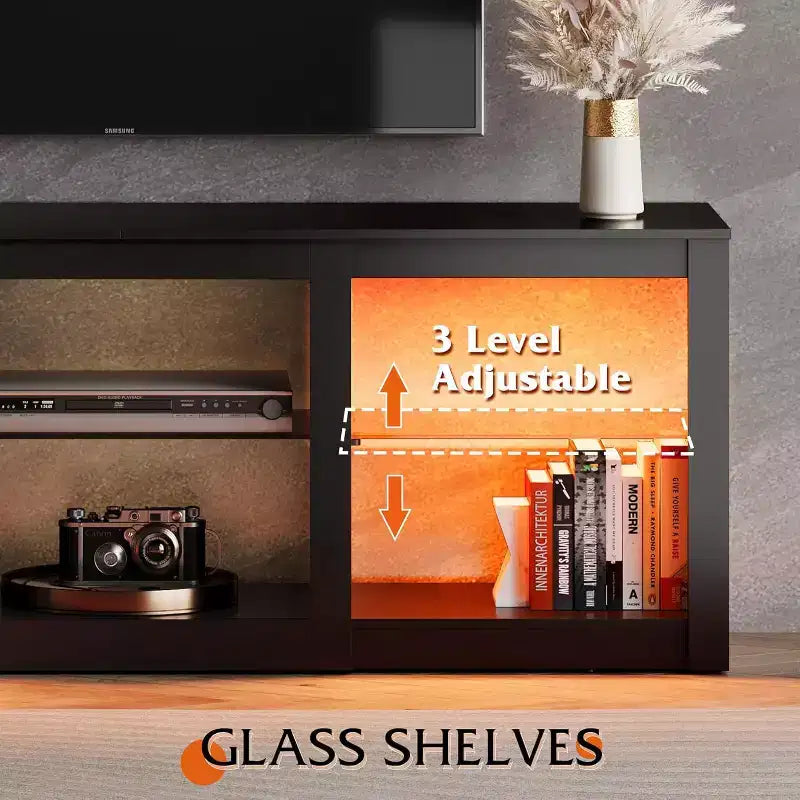 Meuble TV blanc avec lumières LED pour téléviseurs jusqu'à 65 pouces, meuble de divertissement avec étagères en verre