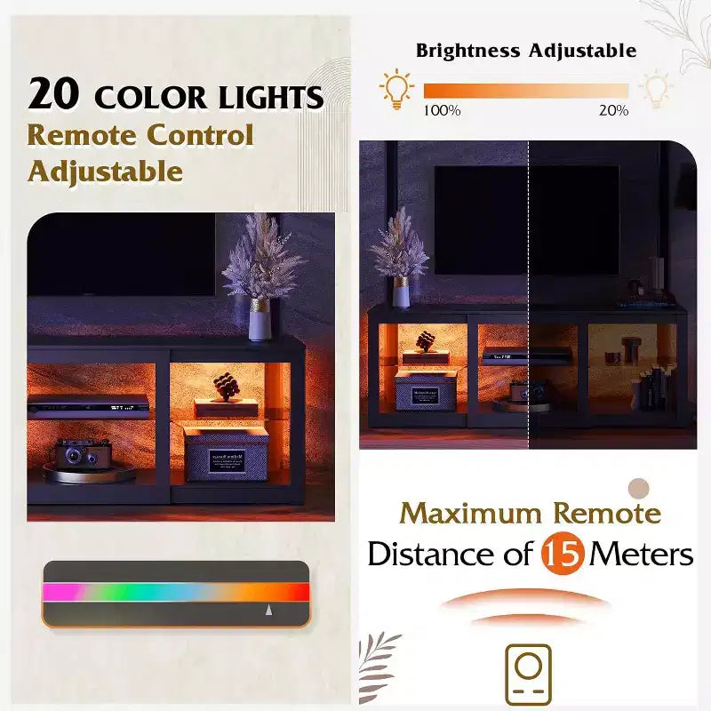Meuble TV blanc avec lumières LED pour téléviseurs jusqu'à 65 pouces, meuble de divertissement avec étagères en verre