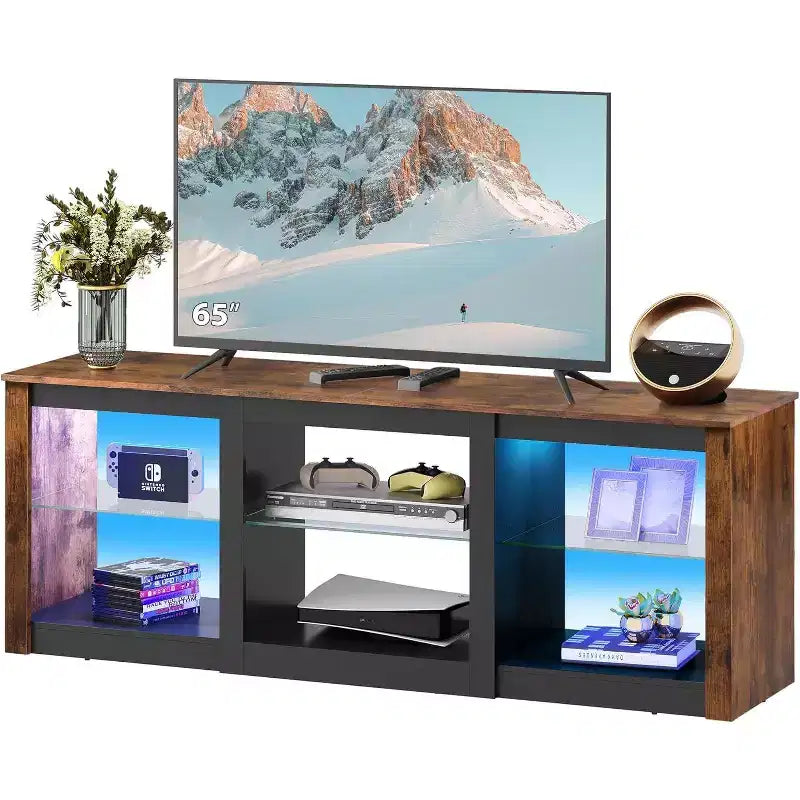 Meuble TV blanc avec lumières LED pour téléviseurs jusqu'à 65 pouces, meuble de divertissement avec étagères en verre