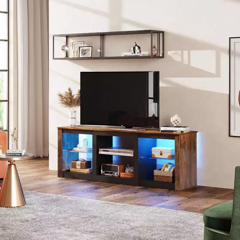 Meuble TV blanc avec lumières LED pour téléviseurs jusqu'à 65 pouces, meuble de divertissement avec étagères en verre