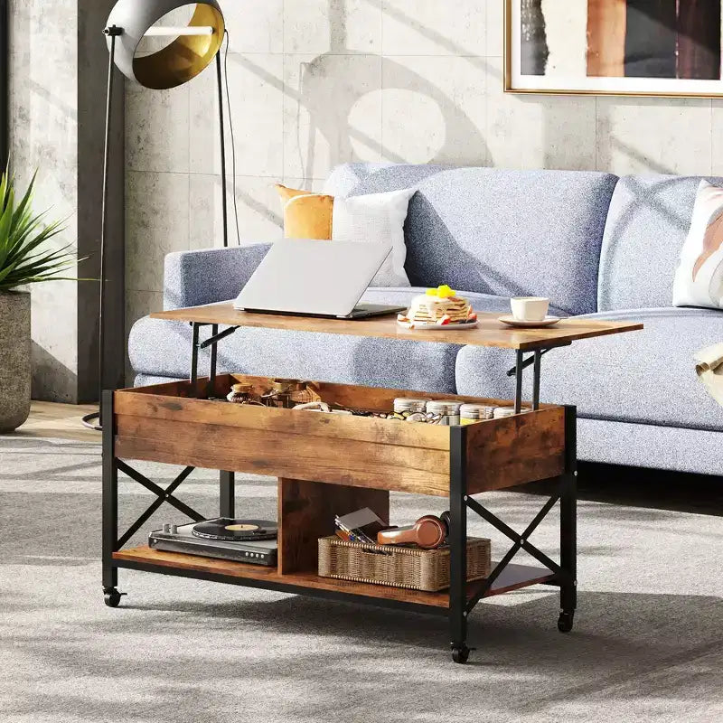 Table basse relevable avec 4 roulettes, compartiment caché, étagère de rangement et plateau relevable