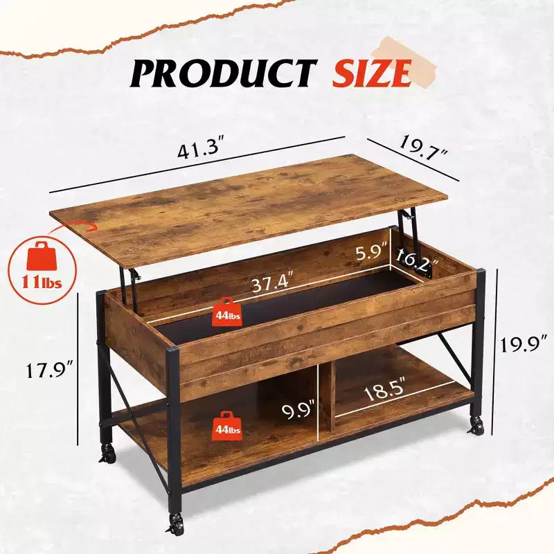 Table basse relevable avec 4 roulettes, compartiment caché, étagère de rangement et plateau relevable