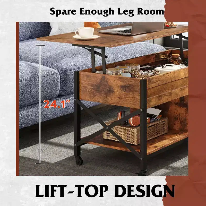 Table basse relevable avec 4 roulettes, compartiment caché, étagère de rangement et plateau relevable
