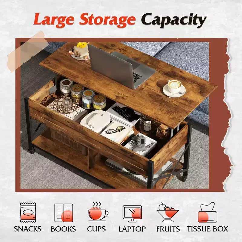 Table basse relevable avec 4 roulettes, compartiment caché, étagère de rangement et plateau relevable