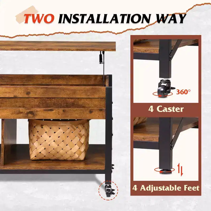 Table basse relevable avec 4 roulettes, compartiment caché, étagère de rangement et plateau relevable