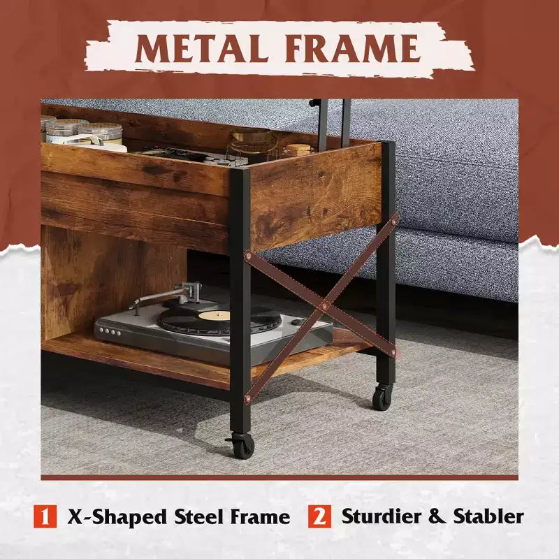 Table basse relevable avec 4 roulettes, compartiment caché, étagère de rangement et plateau relevable