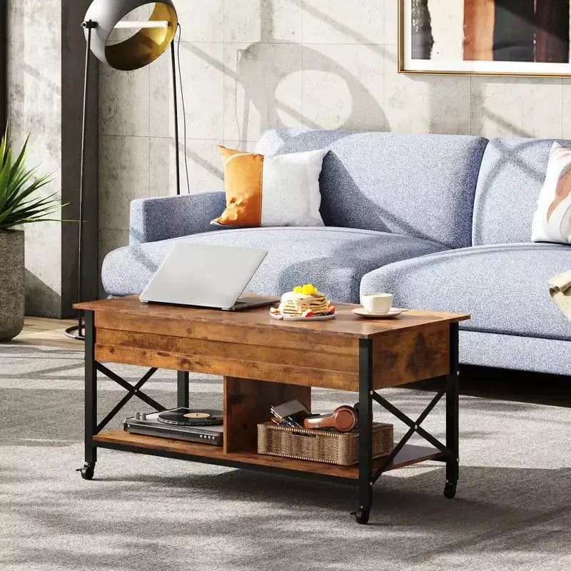 Table basse relevable avec 4 roulettes, compartiment caché, étagère de rangement et plateau relevable