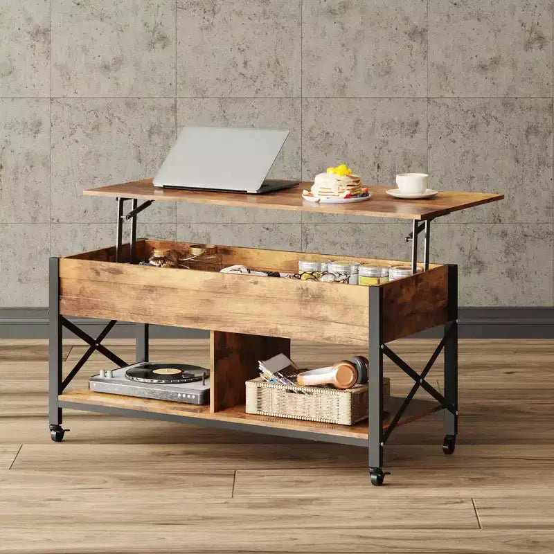 Table basse relevable avec 4 roulettes, compartiment caché, étagère de rangement et plateau relevable
