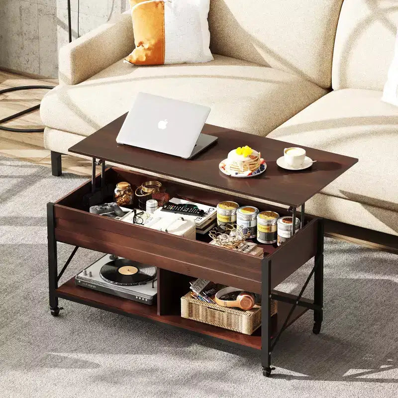 Table basse relevable avec 4 roulettes, compartiment caché, étagère de rangement et plateau relevable
