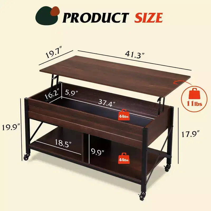 Table basse relevable avec 4 roulettes, compartiment caché, étagère de rangement et plateau relevable