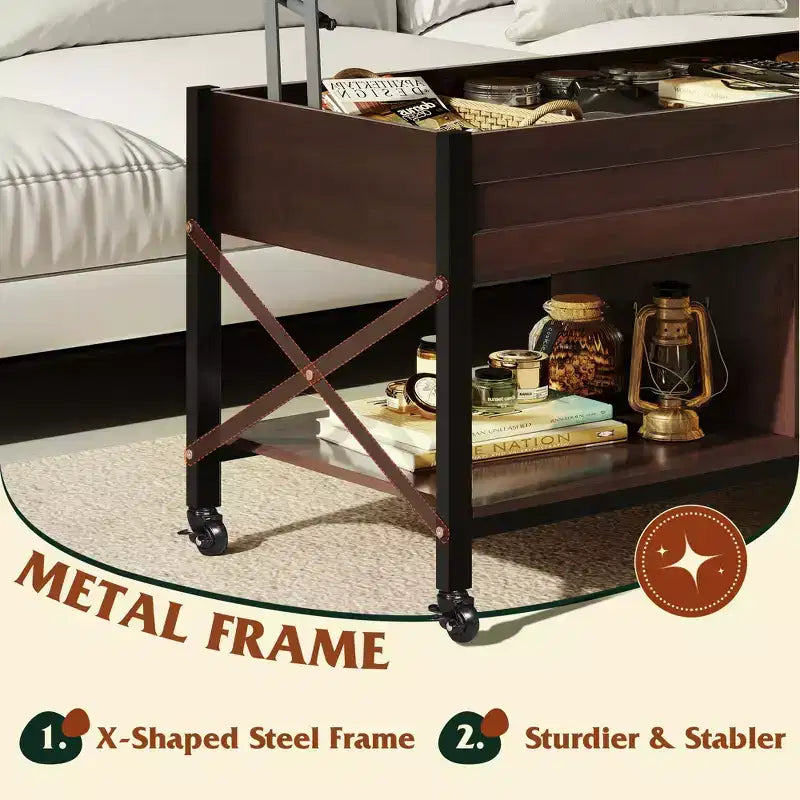 Table basse relevable avec 4 roulettes, compartiment caché, étagère de rangement et plateau relevable