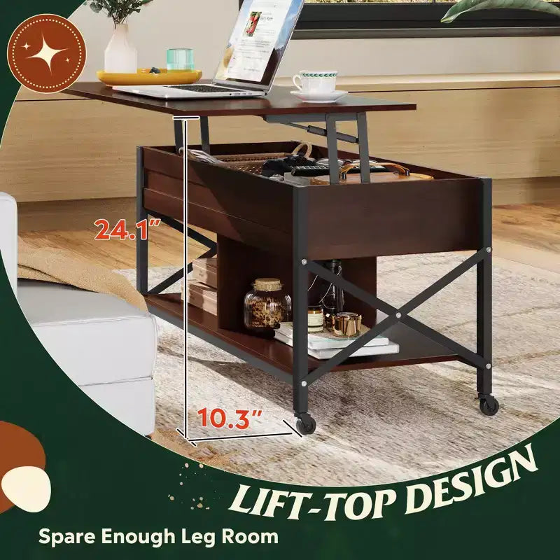 Table basse relevable avec 4 roulettes, compartiment caché, étagère de rangement et plateau relevable