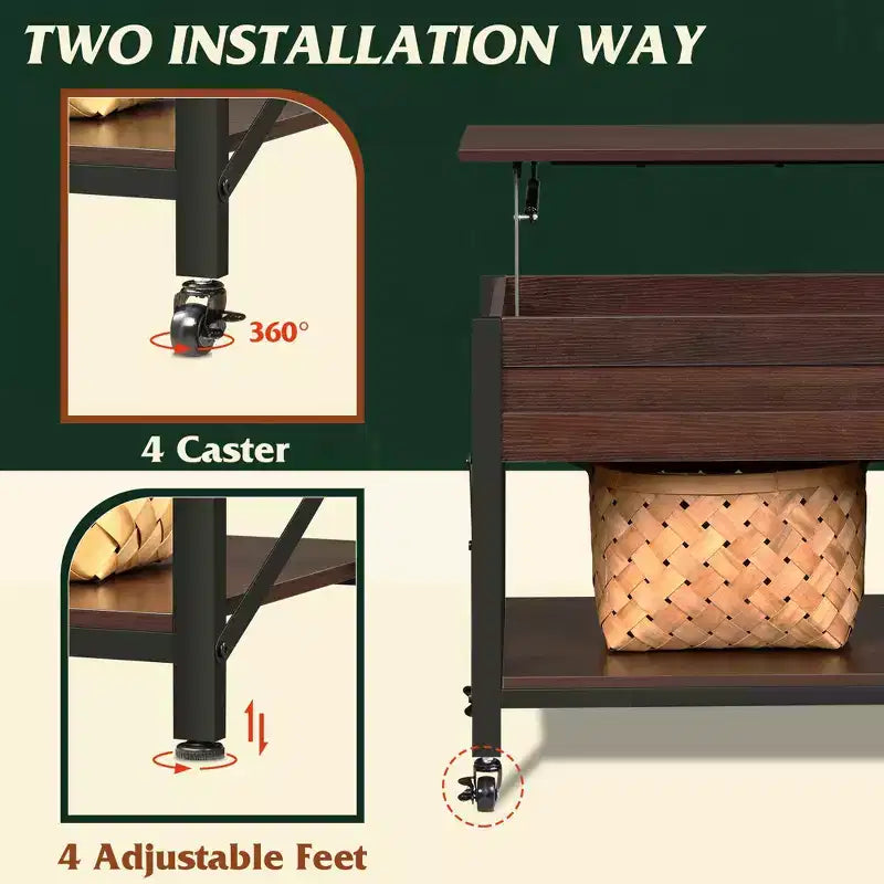 Table basse relevable avec 4 roulettes, compartiment caché, étagère de rangement et plateau relevable