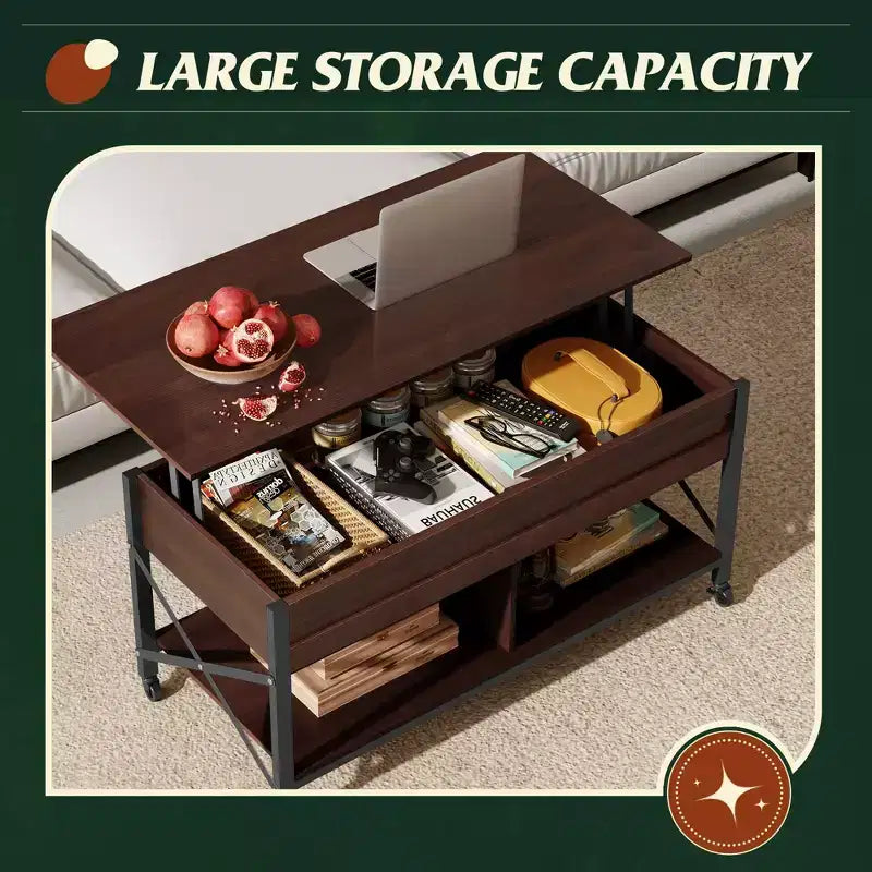 Table basse relevable avec 4 roulettes, compartiment caché, étagère de rangement et plateau relevable