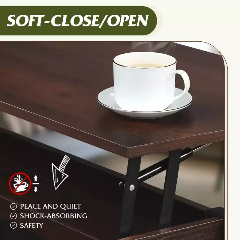 Table basse relevable avec 4 roulettes, compartiment caché, étagère de rangement et plateau relevable