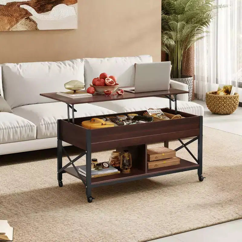 Table basse relevable avec 4 roulettes, compartiment caché, étagère de rangement et plateau relevable