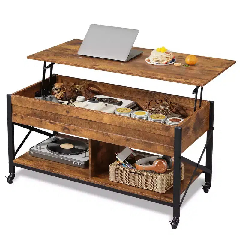 Table basse relevable avec 4 roulettes, compartiment caché, étagère de rangement et plateau relevable