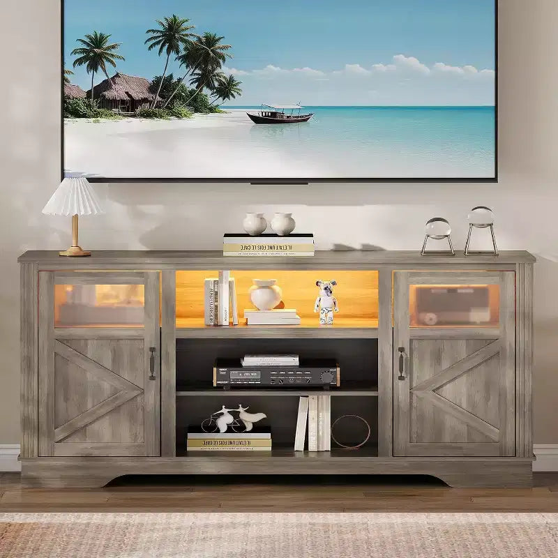 Meuble TV de ferme avec lumières LED, meuble de divertissement pour téléviseurs de 65 pouces, armoires de rangement et étagères ouvertes