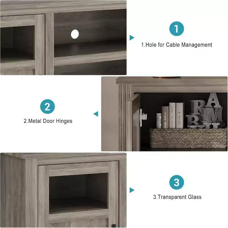 Meuble TV de ferme avec lumières LED, meuble de divertissement pour téléviseurs de 65 pouces, armoires de rangement et étagères ouvertes
