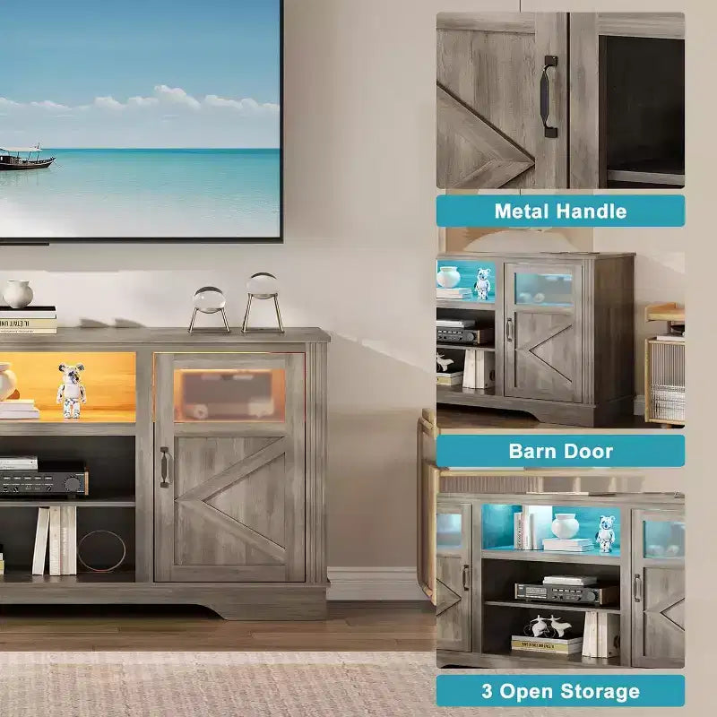 Meuble TV de ferme avec lumières LED, meuble de divertissement pour téléviseurs de 65 pouces, armoires de rangement et étagères ouvertes